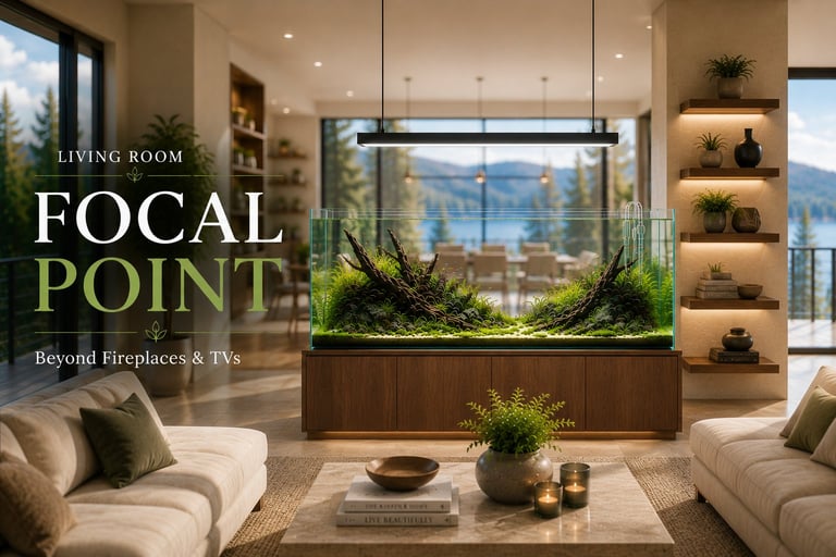 Luxury Coeur d'Alene lake house featuring a custom planted aquarium as the living room focal point, with a premium suspended LED light, crystal-clear rimless glass, and minimalist aquascape.