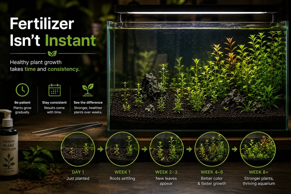 Visual timeline showing the gradual progression of healthy aquarium plant growth over several weeks, emphasizing that consistent fertilizer dosing and patience lead to stronger plants, improved color, and a thriving planted aquarium.