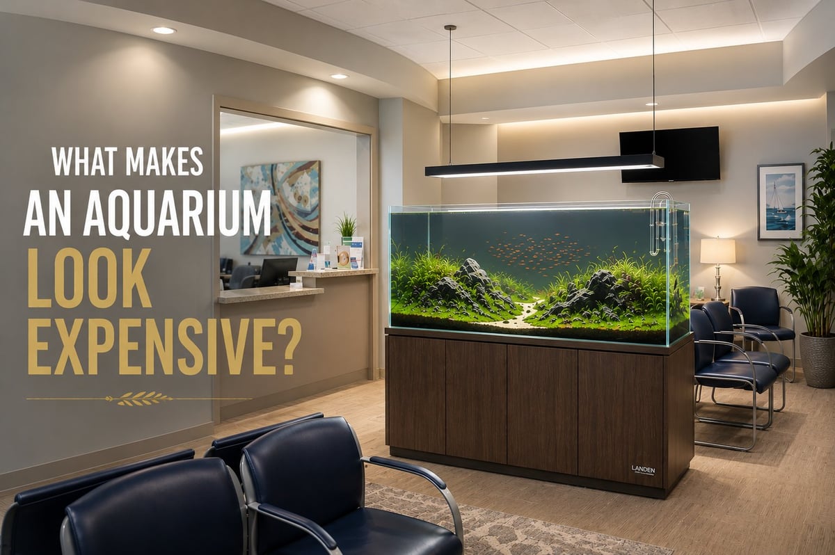 Modern medical waiting room featuring a LANDEN rimless planted aquarium with an Iwagumi aquascape, showcasing the clean design elements that make an aquarium look luxurious.