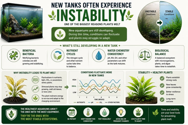 Illustration showing how instability in a new aquarium can cause plant melt while beneficial bacteria, nutrient cycles, water chemistry, and biological balance are still developing.