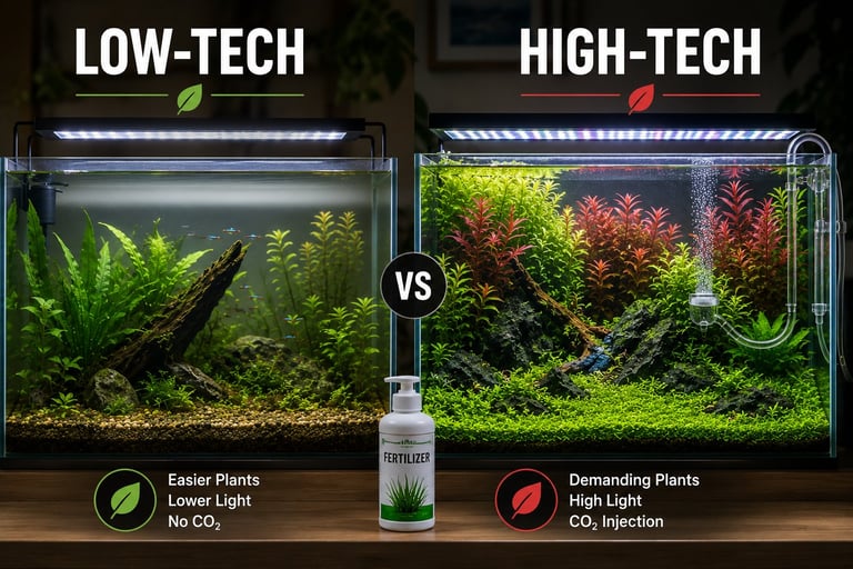 Side-by-side comparison of a low-tech planted aquarium and a high-tech planted aquarium with CO₂ injection, illustrating the differences in plant growth, lighting, and fertilizer requirements.