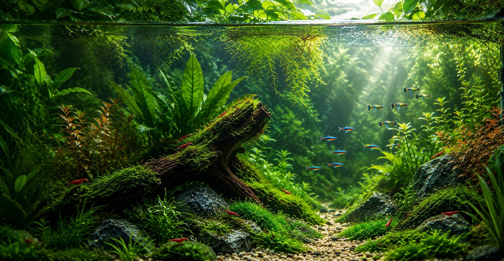 Lush underwater aquarium scene with green plants, driftwood, and sunlight filtering through water