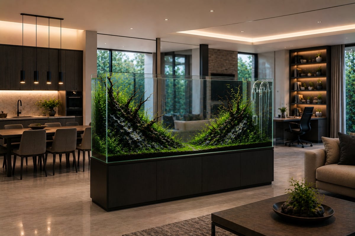 Large rimless planted aquarium on a custom cabinet serving as a room divider in a luxury open-concept home, featuring an ADA-inspired aquascape with natural stone, driftwood, and glass lily pipes.