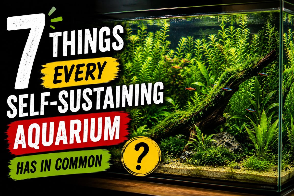 Healthy self-sustaining planted aquarium with dense plant growth, driftwood, and fish illustrating a stable aquarium ecosystem