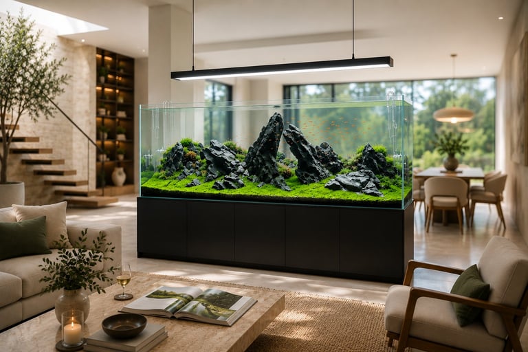 A luxury contemporary home featuring a professionally designed ADA-style rimless planted aquarium as the architectural centerpiece between the living and dining spaces. The aquarium showcases a classic Amano-inspired Iwagumi aquascape with dramatic Seiryu stone composition, lush Monte Carlo carpet, authentic glass lily pipes, a premium suspended LED aquarium light, and a custom matte black ADA-style cabinet. The softly blurred interior highlights the aquarium as the home's primary statement piece.