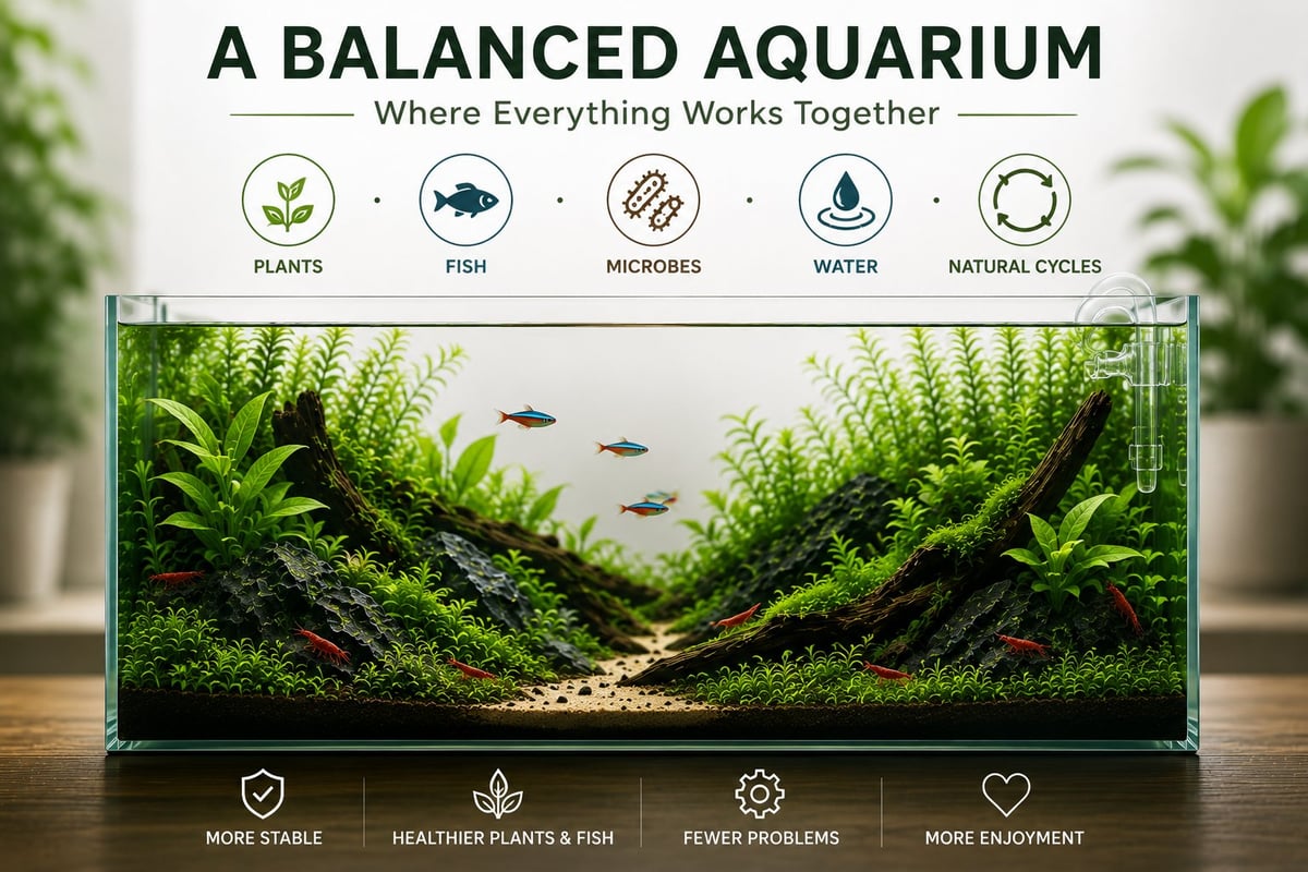 Infographic showing a balanced planted aquarium with healthy aquatic plants, a few realistic schooling fish, cherry shrimp on the substrate and hardscape, and simple icons representing plants, fish, microbes, water, and natural cycles working together in a stable ecosystem.