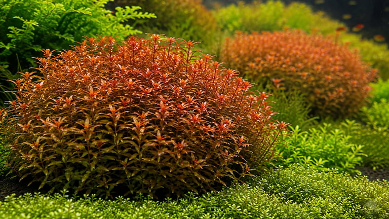 Dense group of Rotala stems in a mature Dutch aquascape, showing how repeated planting and regular trimming create full, sculpted plant masses instead of scattered individual stems.