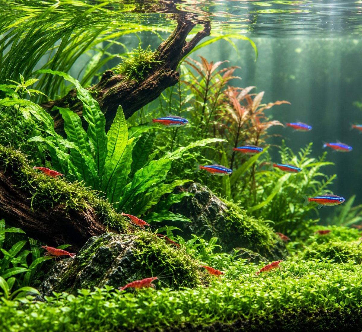 Freshwater aquarium with lush green plants, driftwood, and small colorful fish swimming among dense vegetation