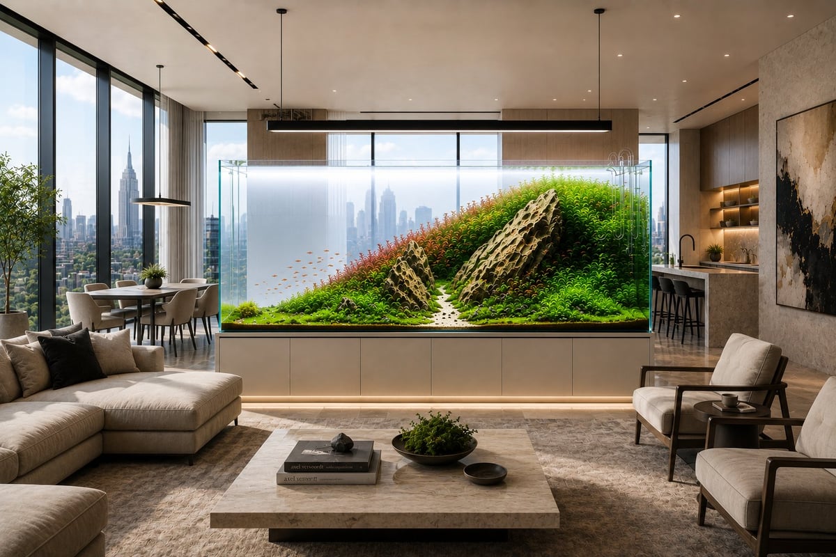 Luxury open-concept living room featuring a freestanding ADA-style rimless aquarium as a room divider. The custom aquarium showcases a Takashi Amano-inspired Nature Aquarium with Dragon Stone, lush carpeting plants, subtle red stem plants, a bright white background, crystal-clear water, nearly invisible glass lily pipes, and a centered suspended LED light. Floor-to-ceiling windows illuminate the room while remaining positioned away from direct sunlight on the aquarium.