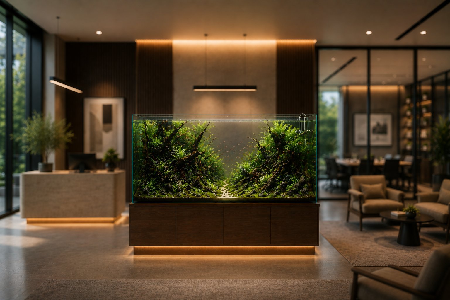 Modern luxury lobby with illuminated living moss wall partition in center, warm ambient lighting, and contemporary furnishings