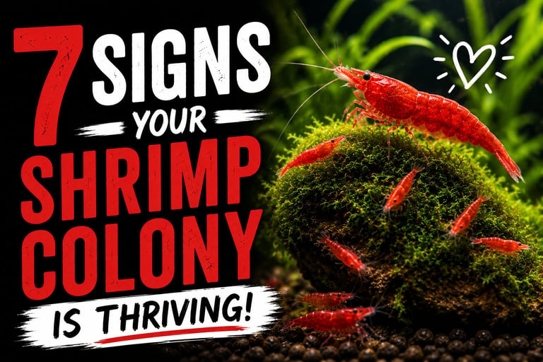 Healthy cherry shrimp colony grazing on moss in a planted aquarium, showing signs of a thriving shrimp population