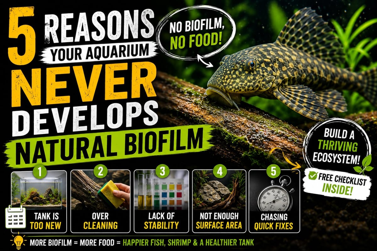 Infographic showing 5 reasons aquariums don't develop natural biofilm, featuring a spotted fish and icons for tank age, cleaning, stability, surface area, and quick fixes.