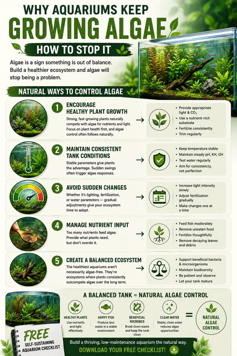 Infographic showing 5 natural ways to control algae growth in aquariums, including healthy plants, stable conditions, avoiding sudden changes, managing nutrients, and creating balanced ecosystems