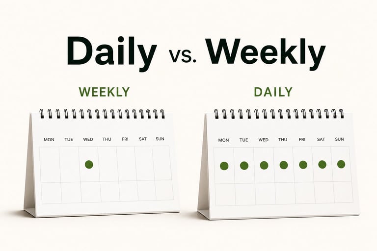 Minimalist comparison showing a weekly fertilizer schedule beside a daily fertilizer schedule using two clean desk calendars, illustrating different dosing frequencies for planted aquariums