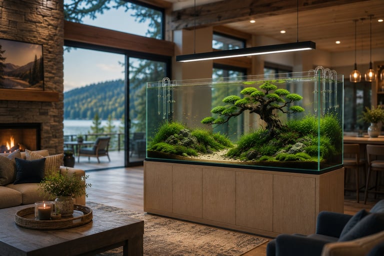 Modern living room with large aquarium containing aquatic plants and bonsai tree, mountain lake view through windows