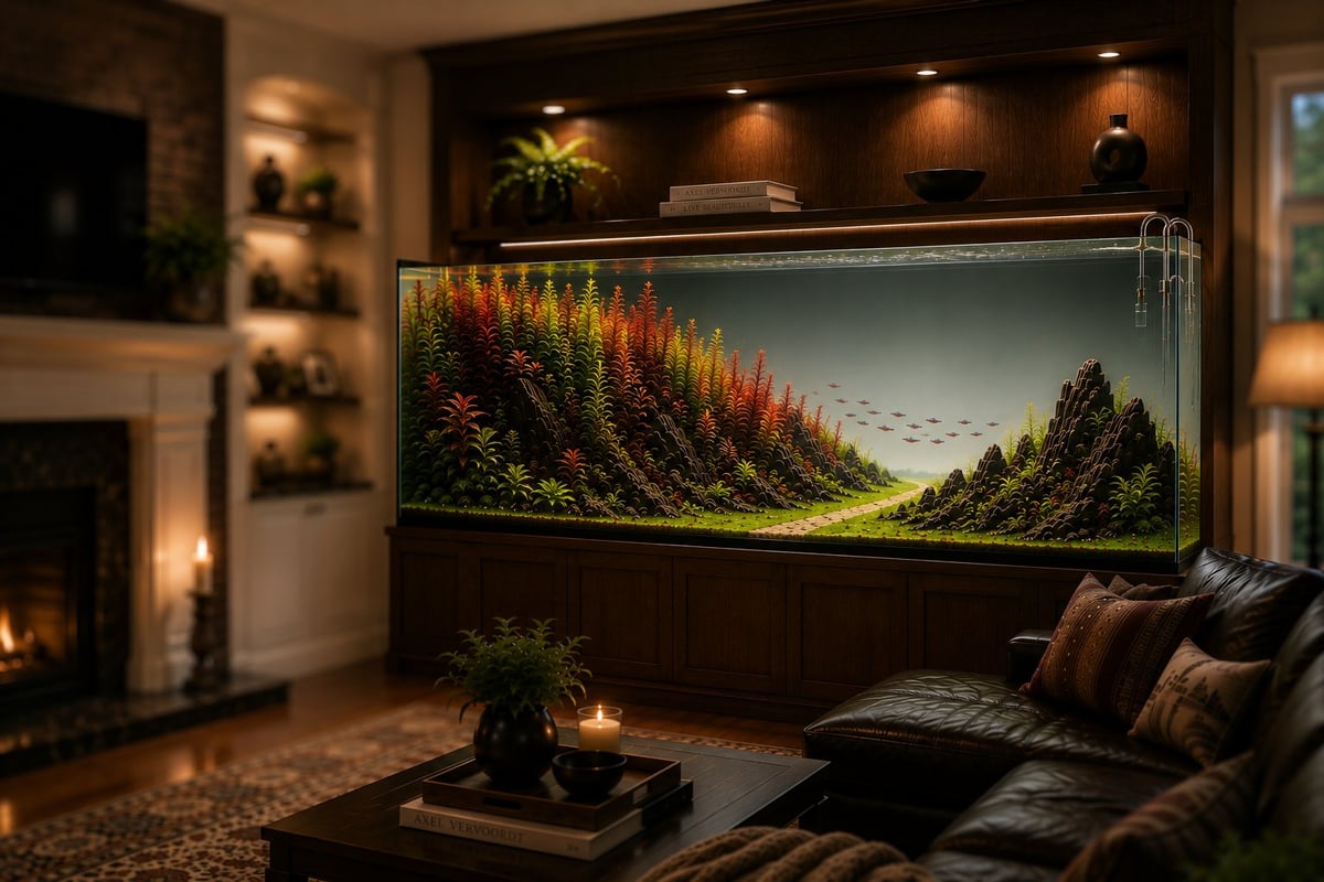 Modern living room with large aquarium display showing colorful plants and trees, featuring black leather seating and warm ambient lighting
