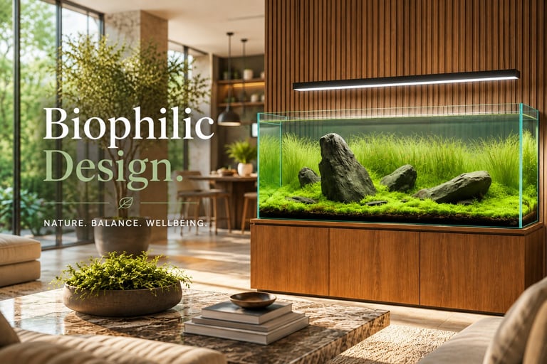Modern living room with biophilic design elements including aquarium with aquatic plants, natural wood accents, large windows, and green decor.