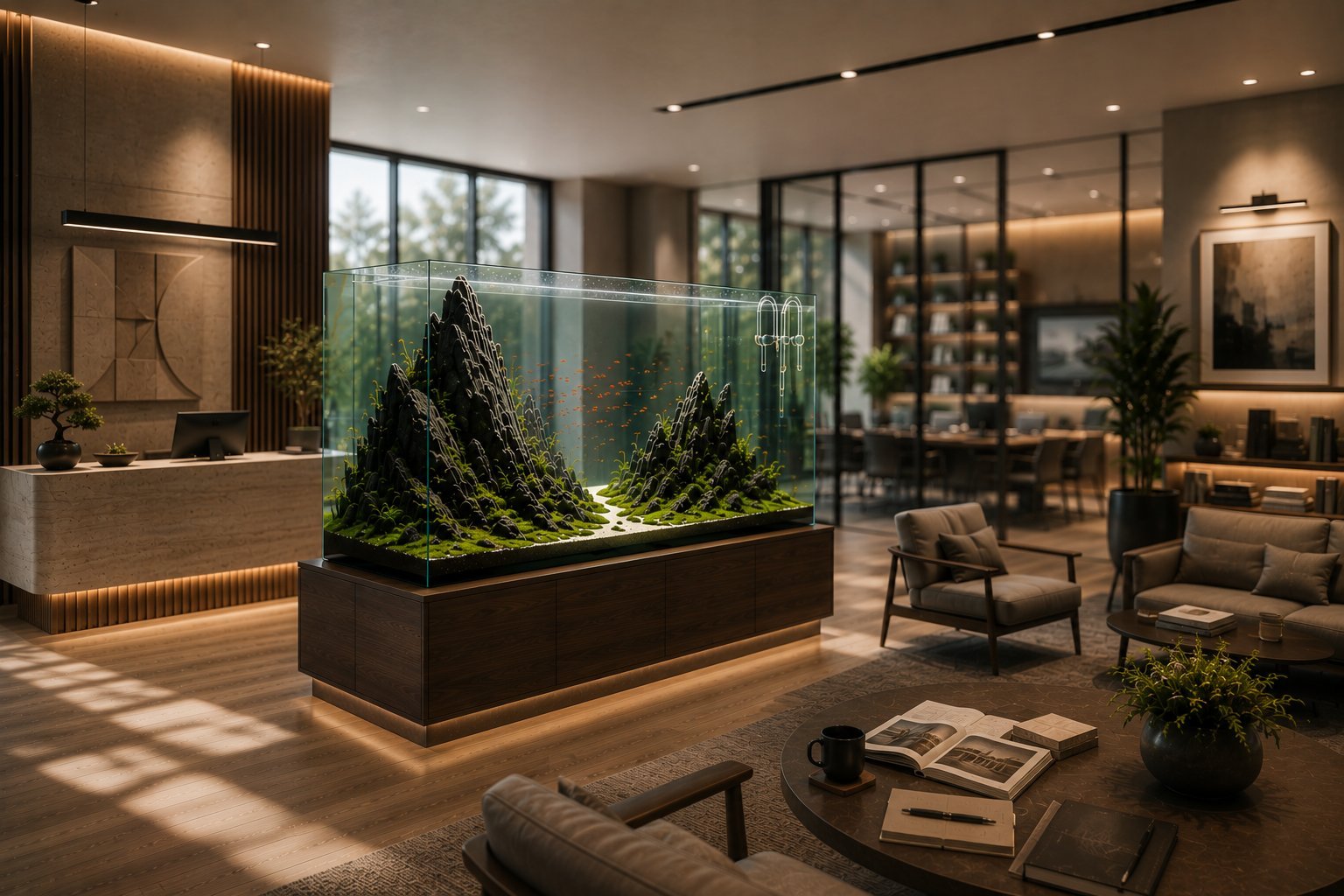 Modern luxury hotel lobby with illuminated indoor plant display, seating area, reception desk, and floor-to-ceiling windows overlooking greenery