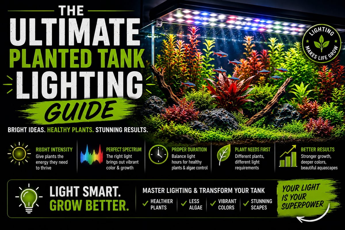 Infographic for planted aquarium lighting guide featuring a vibrant illuminated tank with aquatic plants and lighting specification icons and tips.