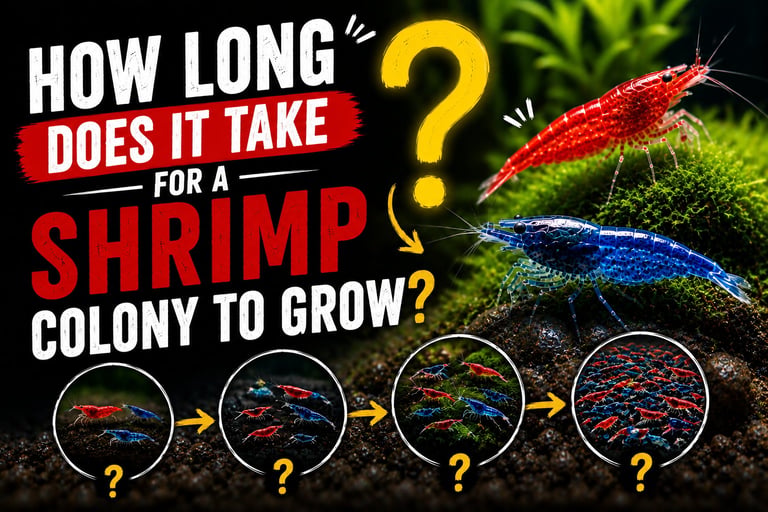 Red cherry shrimp and blue dream shrimp with growing colony illustrations showing different stages of shrimp colony development