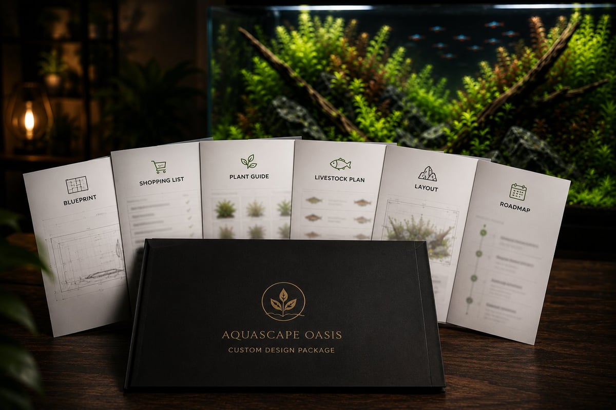 Premium aquarium design package presentation featuring a professional portfolio folder and six custom planning documents, including a blueprint, shopping list, plant guide, livestock plan, aquascape layout, and roadmap, with a thriving planted aquarium in the background.
