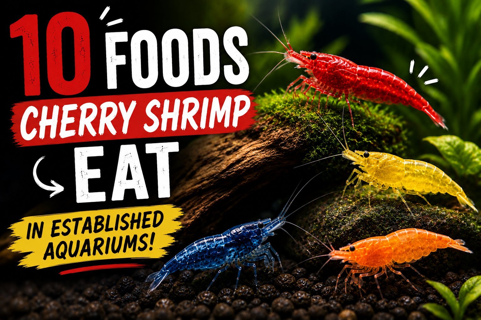 Red cherry shrimp, yellow goldenback shrimp, blue dream shrimp, and orange sunkist shrimp grazing in a planted aquarium