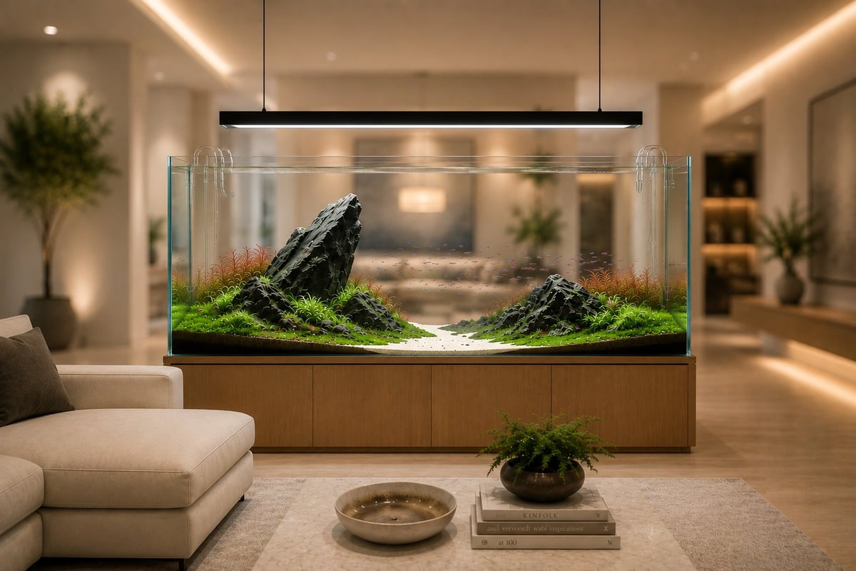 Modern living room with a large aquarium featuring driftwood, green plants, and landscape design suspended above a wooden base