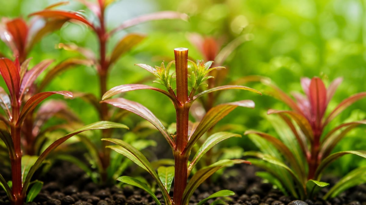 Close-up of a freshly trimmed Rotala stem producing two new side shoots, demonstrating how stem plants branch after trimming to create a fuller Dutch aquascape.