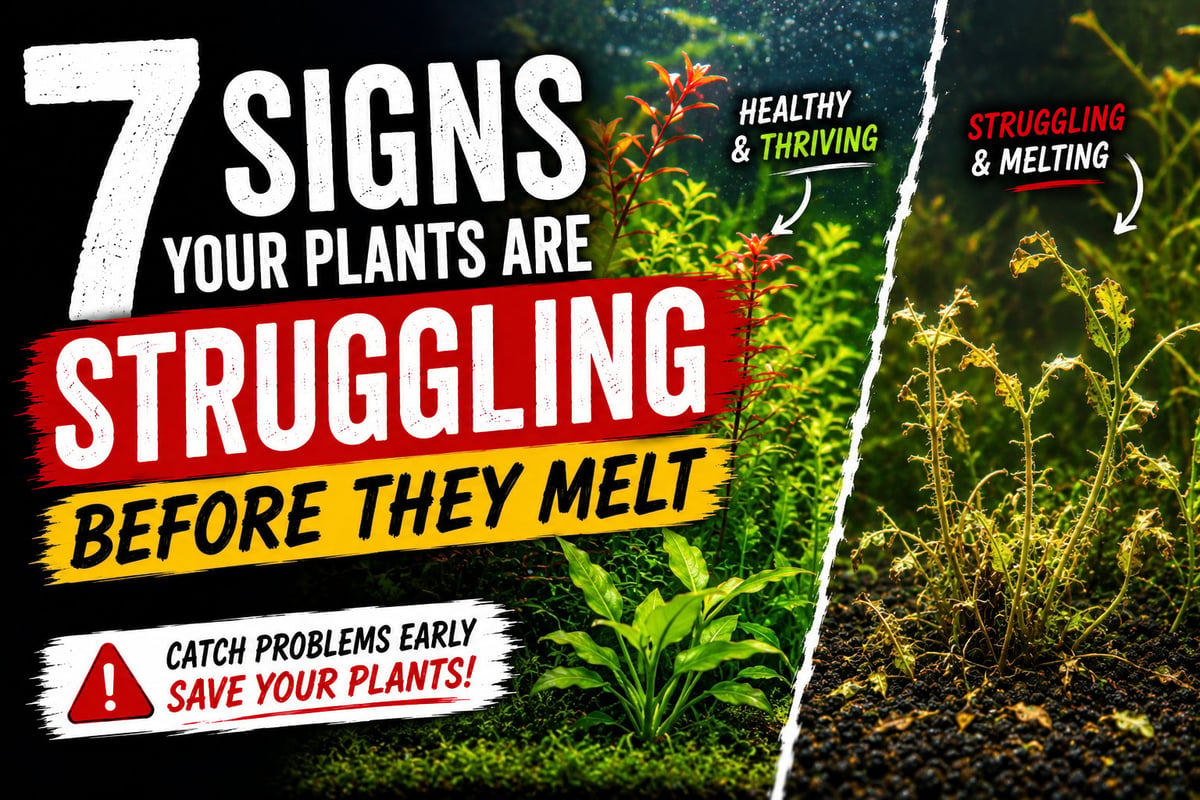 Healthy aquarium plants beside struggling plants showing early warning signs of aquarium plant problems before plant melt occurs