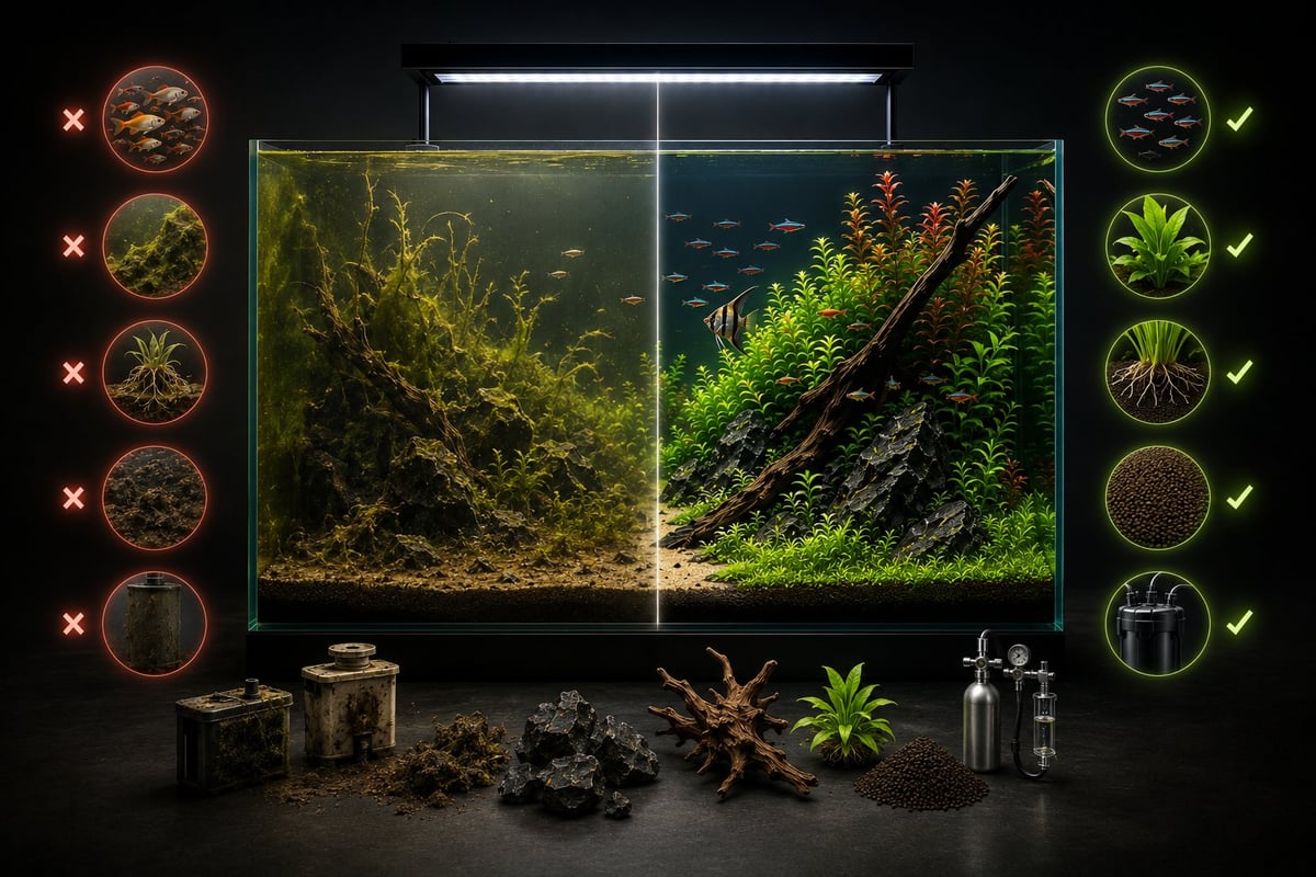 Side-by-side comparison of an unhealthy planted aquarium with algae, poor plant growth, and dirty conditions beside a thriving planted aquarium with healthy plants, clean water, and stable conditions, illustrating how small mistakes can impact long-term aquarium success.