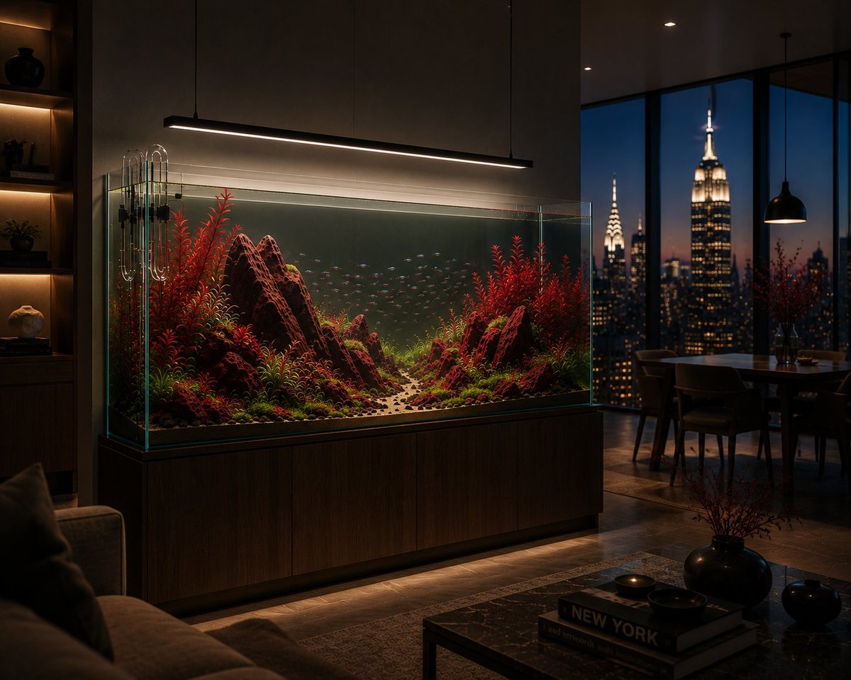 Luxury New York penthouse featuring a rimless planted aquarium with a dramatic red lava rock aquascape, vibrant red aquatic plants, ADA-style glass lily pipes, architectural LED lighting, and a panoramic Manhattan skyline at dusk.