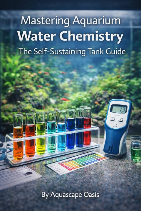 eBook cover of Mastering Water Chemistry guide by Aquascape Oasis - test tubes with colored liquids, pH meter, and planted aquarium background