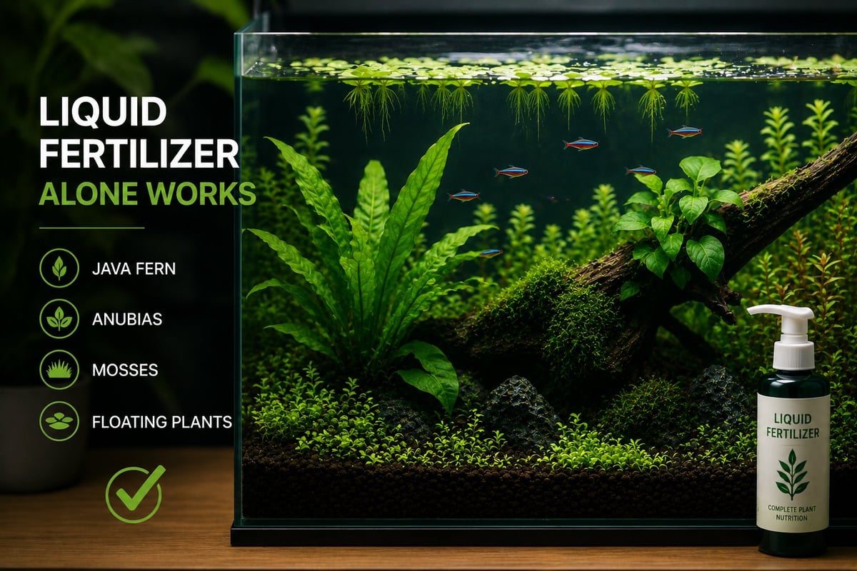 Liquid fertilizer product bottle displayed next to aquarium with thriving aquatic plants including java fern, anubias, mosses, and floating plants