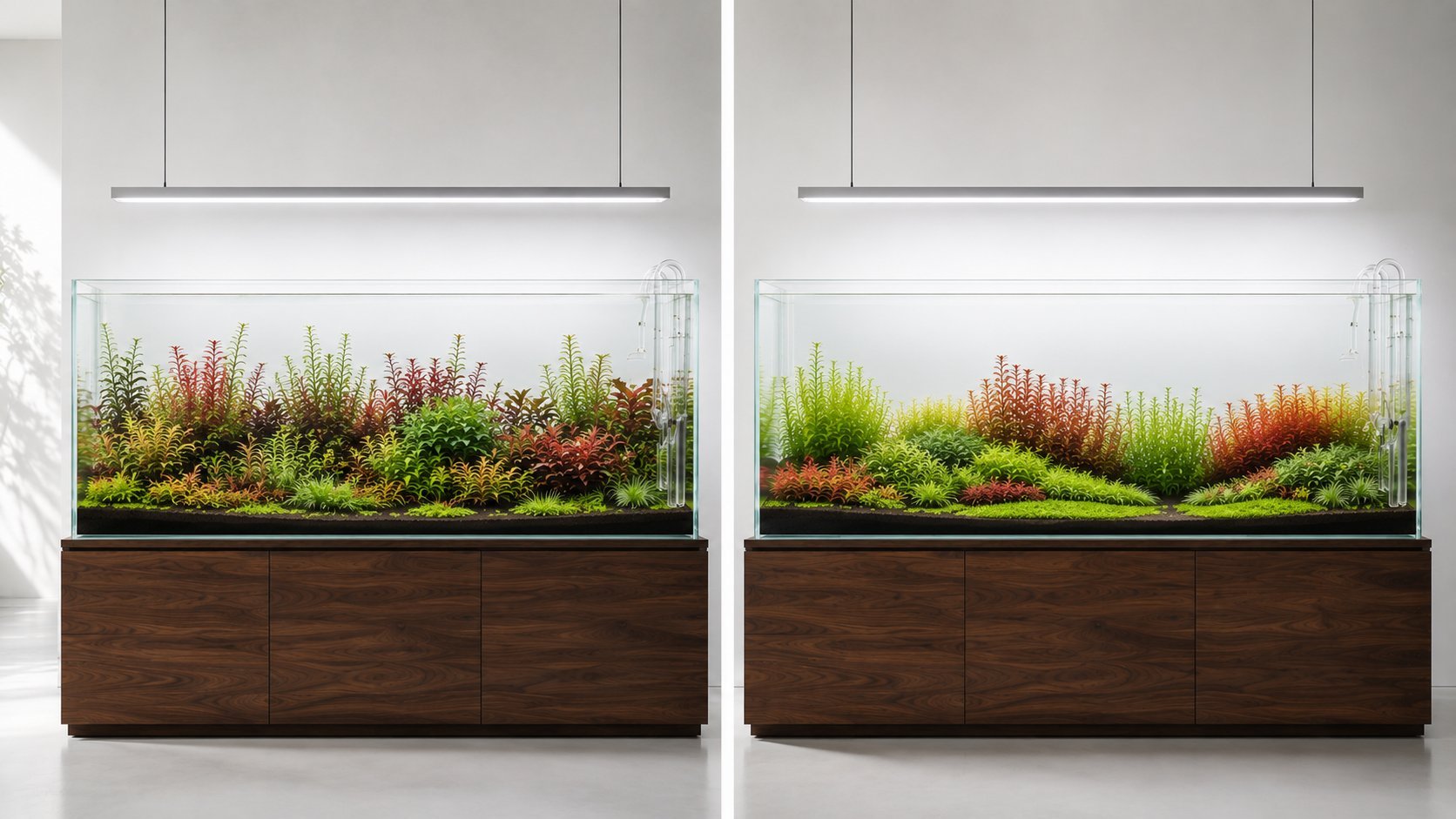 Side-by-side comparison of the same Dutch aquascape showing a visually chaotic layout with scattered plant groups and a balanced Dutch aquascape with repeated stem groups, smooth height transitions, and defined plant streets.