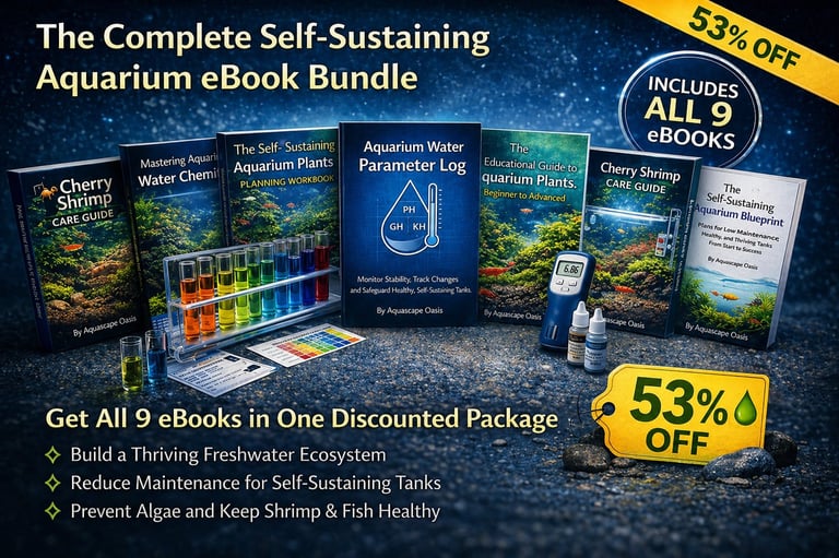 Complete Self-Sustaining Aquarium eBook Bundle display showing 9 digital books with 53% discount offer and underwater tank setup images