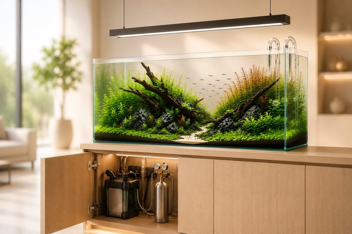 Luxury ADA-style rimless planted aquarium featuring a Takashi Amano-inspired Nature Aquarium with authentic glass lily pipes, suspended designer LED light, and hidden filtration inside a custom cabinet. The cabinet door is partially open to reveal a neatly organized canister filter, CO₂ system, and clean cable management while the softly blurred luxury interior keeps the aquarium as the primary focal point.