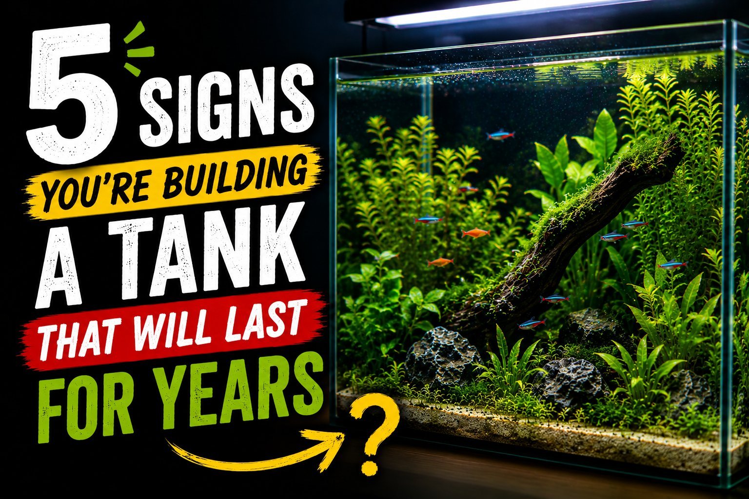 Healthy planted aquarium with thriving plants and fish illustrating signs of a stable aquarium built for long-term success