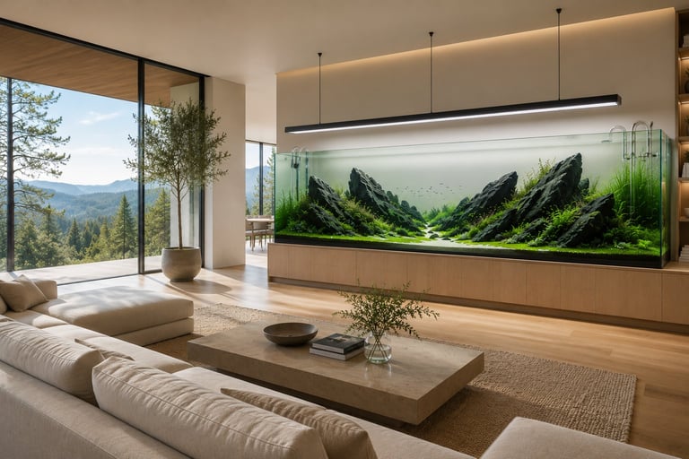Modern luxury living room featuring a rimless ADA-style planted aquarium with an Iwagumi aquascape, suspended LED light, clear glass lily pipes, and floor-to-ceiling windows overlooking a forest.