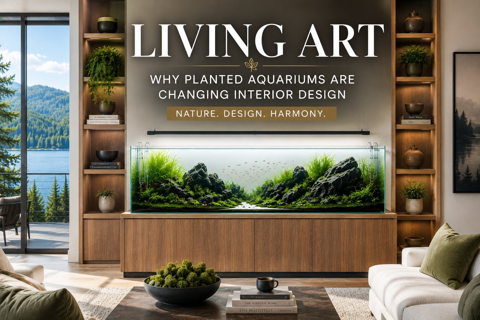 Modern living room with large planted aquarium display and text overlay reading Living Art: Why Planted Aquariums Are Changing Interior Design