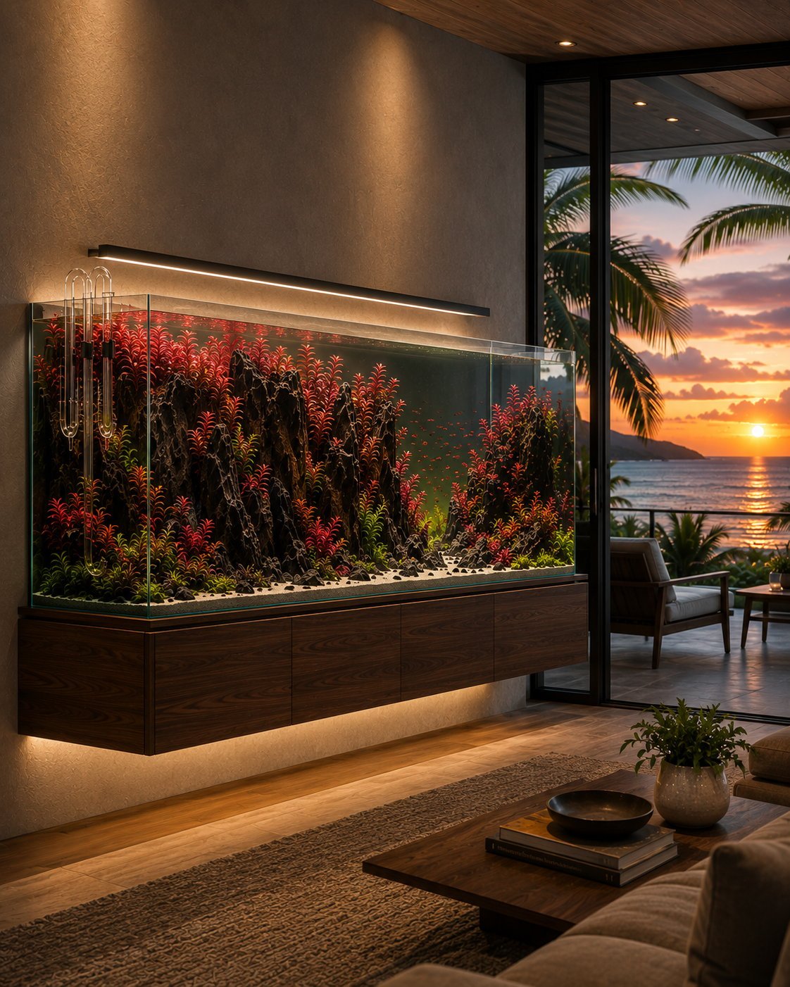 Luxury Hawaii home featuring an ADA-style rimless planted aquarium on a floating walnut cabinet. The aquascape showcases dramatic Dragon Stone cliffs with vibrant red aquatic plants, nearly invisible ADA glass lily pipes, and panoramic tropical ocean views through floor-to-ceiling windows.