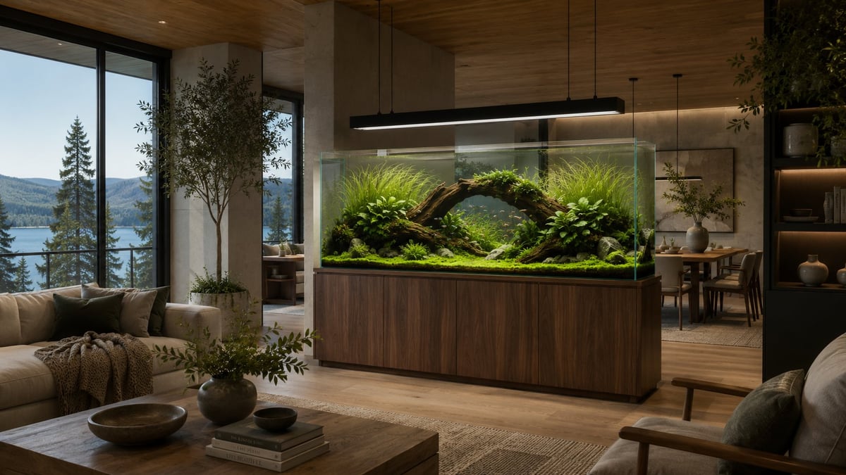 ADA-inspired rimless planted aquarium with a custom walnut cabinet, suspended aquarium light, lush Nature Aquarium aquascape featuring driftwood, Monte Carlo carpeting, flowing grasses, and indoor biophilic landscaping integrated into a contemporary luxury living room.