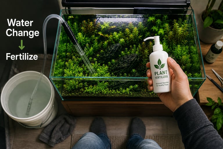 First-person perspective of a planted aquarium immediately after a water change, showing a siphon draining into a bucket while a fertilizer bottle is held above the aquarium to illustrate a simple post-water-change maintenance routine