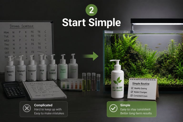 Comparison showing complex aquarium care setup on left versus simple plant care setup on right with planted tank background