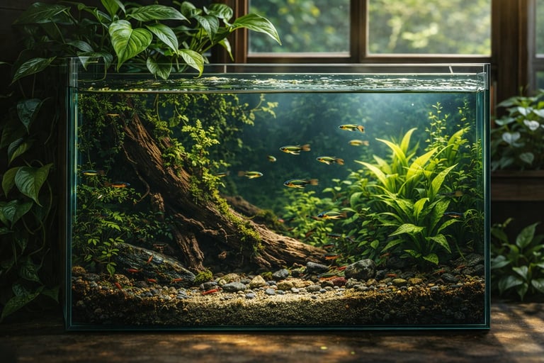 Aquarium with driftwood, aquatic plants, and small fish, displayed indoors near a window with green foliage above