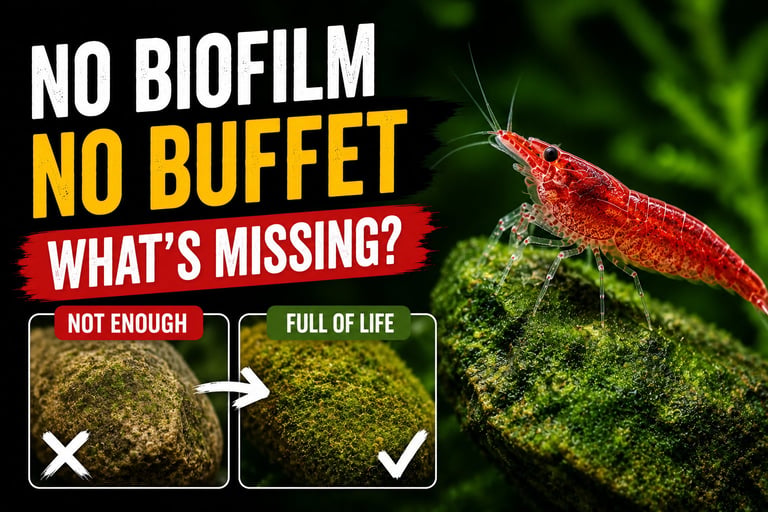 Red cherry shrimp grazing on algae-covered rock with comparison of low and mature biofilm growth in a shrimp aquarium