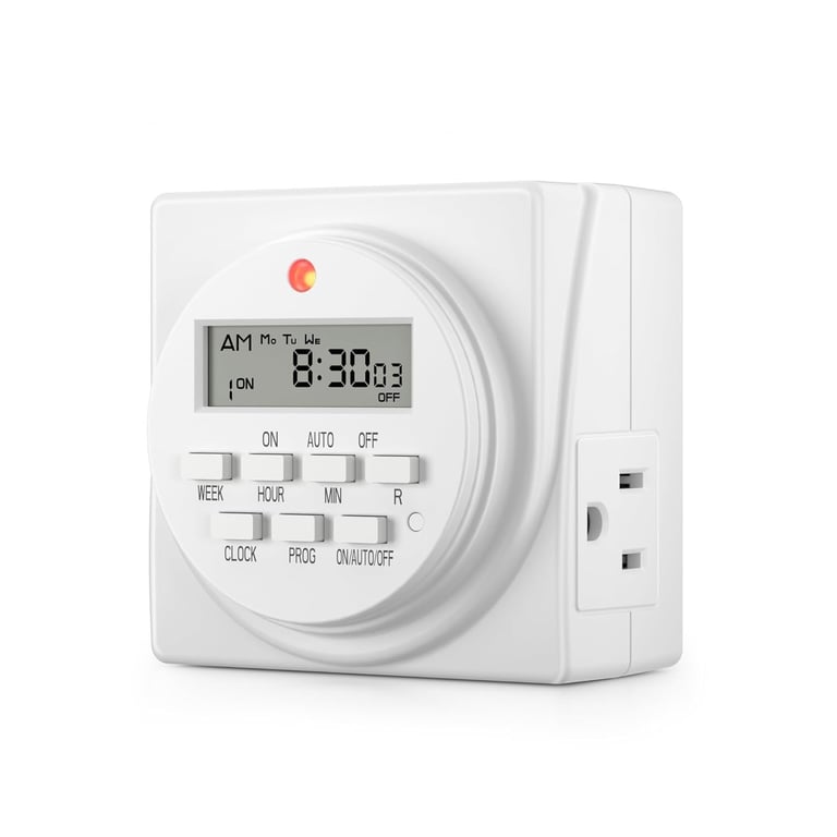 White digital timer outlet displaying 8:30, featuring LCD screen, control buttons, and power outlet slots on front