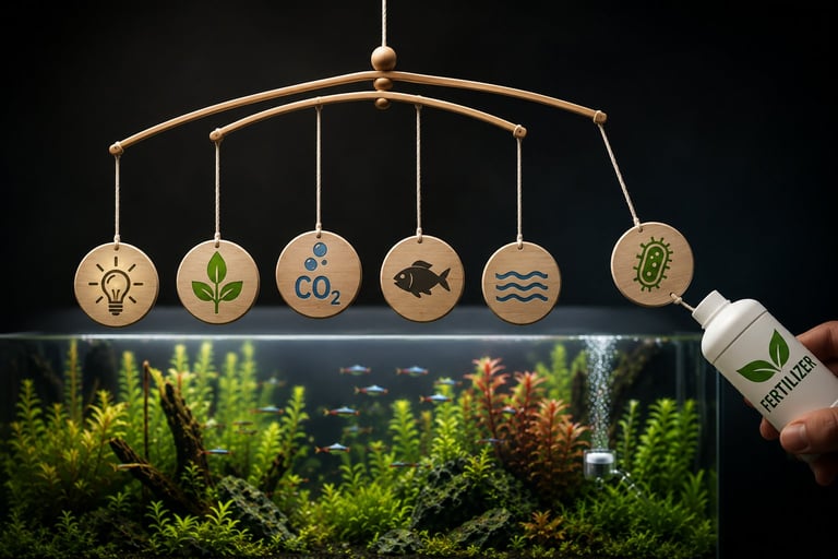 Conceptual illustration of a balanced mobile suspended above a thriving planted aquarium, symbolizing how lighting, plants, CO₂, fish, water circulation, and biological stability work together to maintain a healthy aquarium ecosystem rather than relying on fertilizer alone.