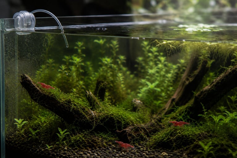 Close-up photograph-style image of an established planted cherry shrimp aquarium featuring moss-covered driftwood, a few cherry shrimp grazing naturally, floating plant roots, and a thin airline tube positioned above the water surface to represent slow, low-stress water changes.