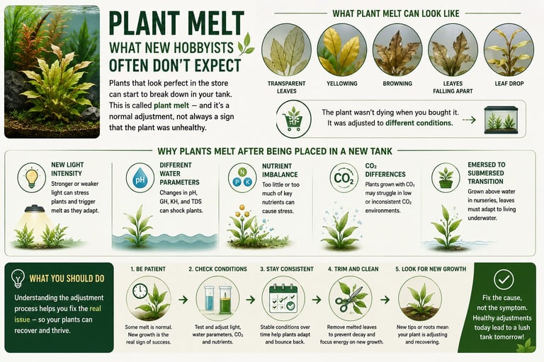 Infographic explaining plant melt: what it is, why plants struggle after tank placement, and recovery steps including light, water, nutrients, and CO2 adjustments.