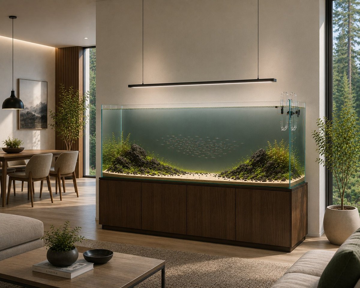 Large rimless planted aquarium on a custom walnut cabinet featuring a minimalist aquascape with open swimming space, natural stone composition, ADA glass lily pipes, and a small natural-looking school of tiny neon tetras in a contemporary luxury home.